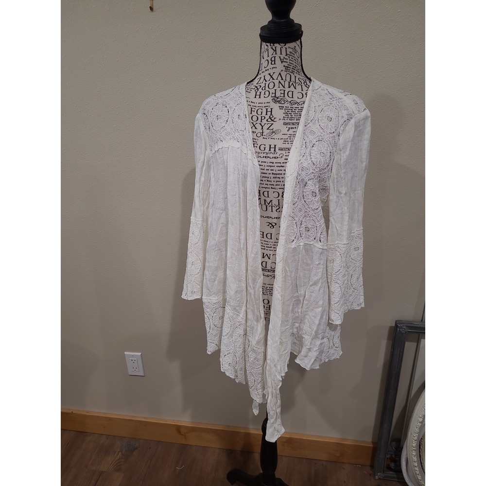 Chico's Ivory Linen Lace open front patchwork topper cardigan boho Women SZ L/12